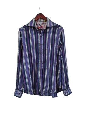 Robert Graham Stripped Embroidered Long Sleeve Floral Cuff Shirt Medium